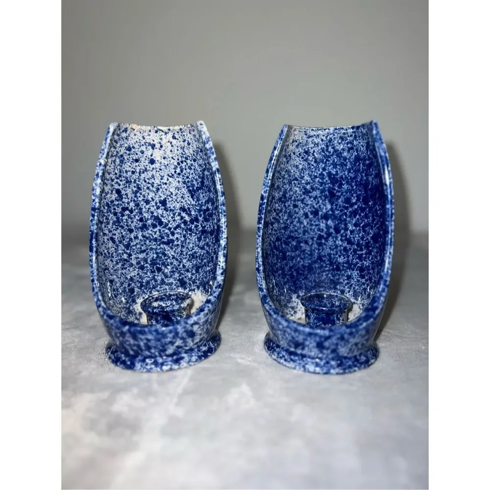 Lot of 2 Cottagecore Fairy Blue Pottery Candleholders